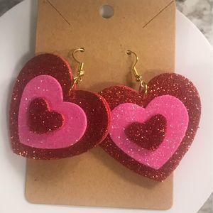 Valentines day glitter dangle love heart earrings